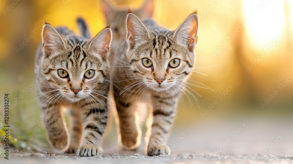 A couple of cats walking down a dirt road A couple of cats walking down a dirt road