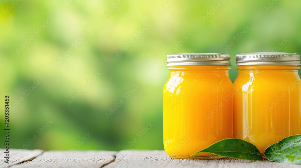 Two jars of orange juice sitting on top of a wooden table Two jars of orange juice sitting on top of a wooden table