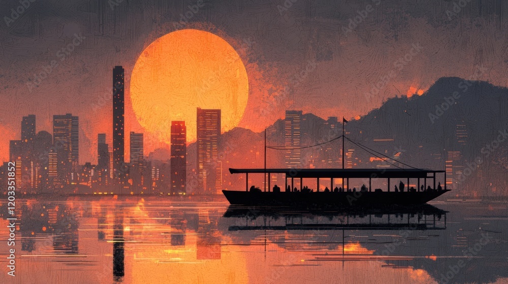 Boat floating in calm water with city skyline in the background during daytime under clear blue sky Boat floating in calm water with city skyline in the background during daytime under clear blue sky