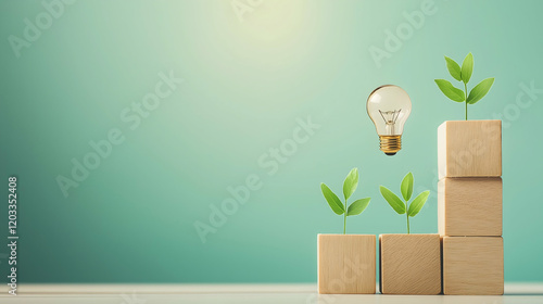 A light bulb hovers above wooden blocks with green seedlings, symbolizing growth, innovation, and sustainable ideas.