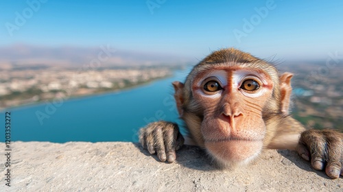 A monkey peeking over the edge of a concrete wall