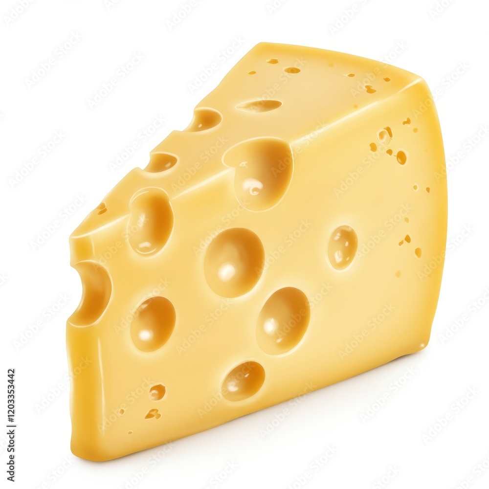 A wedge of yellow cheese with smooth edges and round holes of varying sizes isolated on white background A wedge of yellow cheese with smooth edges and round holes of varying sizes isolated on white background