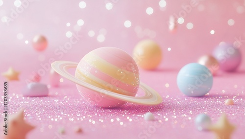 Pastel planets and stars on pink glitter. (2)