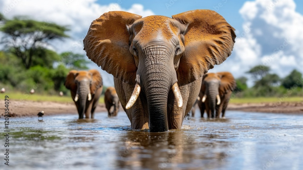 Fototapeta premium A herd of elephants walking across a body of water
