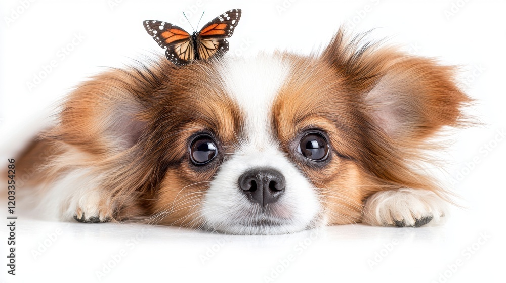 A small brown and white dog with a butterfly on its head A small brown and white dog with a butterfly on its head