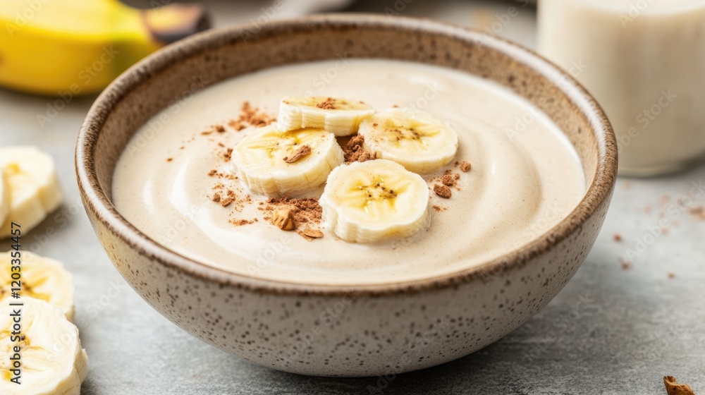 A creamy banana smoothie bowl topped with sliced bananas and granola, served in a rustic bowl, set against a light background. A creamy banana smoothie bowl topped with sliced bananas and granola, served in a rustic bowl, set against a light background.
