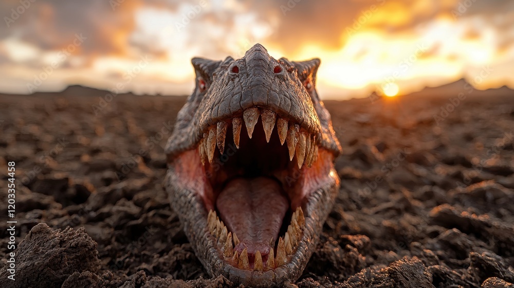 Fototapeta premium A close up of a dinosaur with its mouth open in the desert
