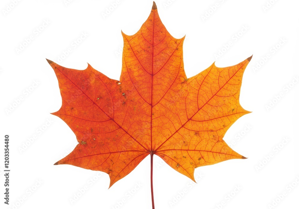 A single autumn maple leaf with vibrant red and orange hues isolated on white background A single autumn maple leaf with vibrant red and orange hues isolated on white background