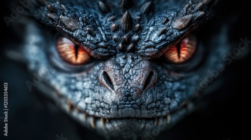  a close up of a dragon's face with red eyes