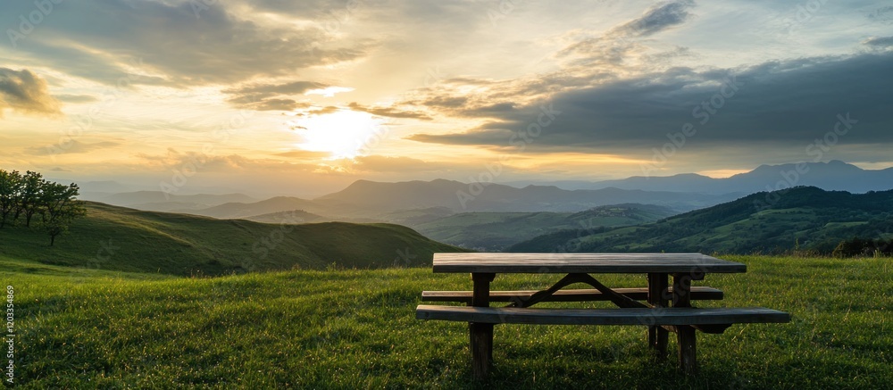 Serene Sunset Over Rolling Hills: A Peaceful Picnic Spot Serene Sunset Over Rolling Hills: A Peaceful Picnic Spot