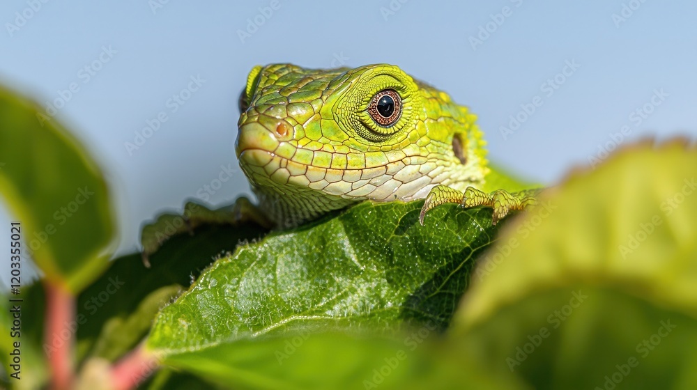 Fototapeta premium A green lizard sitting on top of a green leaf