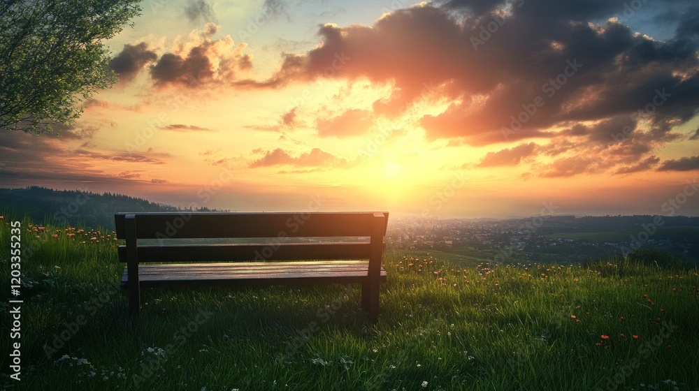 Sunset Serenity: A Peaceful Evening on a Hilltop Bench Sunset Serenity: A Peaceful Evening on a Hilltop Bench