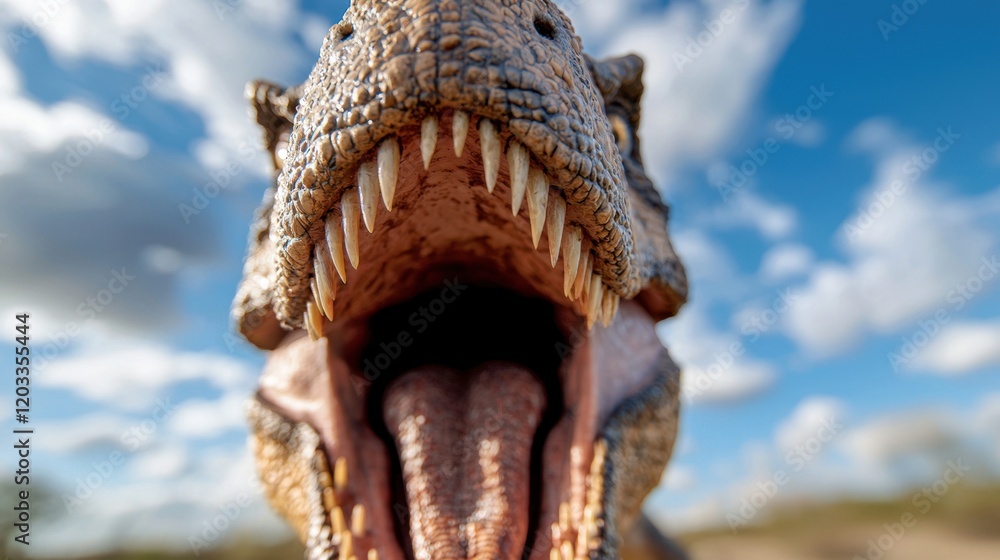 Obraz premium A close up of a dinosaur with its mouth open and teeth wide open