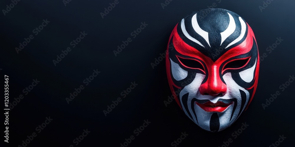 A vibrant, artistic mask with bold red, black, and white designs, set against a dark background, showcasing cultural significance and craftsmanship. A vibrant, artistic mask with bold red, black, and white designs, set against a dark background, showcasing cultural significance and craftsmanship.
