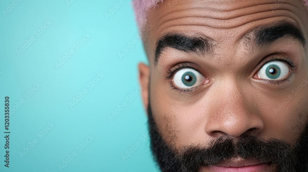 Obraz premium A man with pink hair and a beard looking up at the camera
