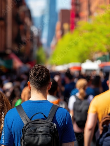 Crowded street scene urban city people walking bright day rear view social interaction