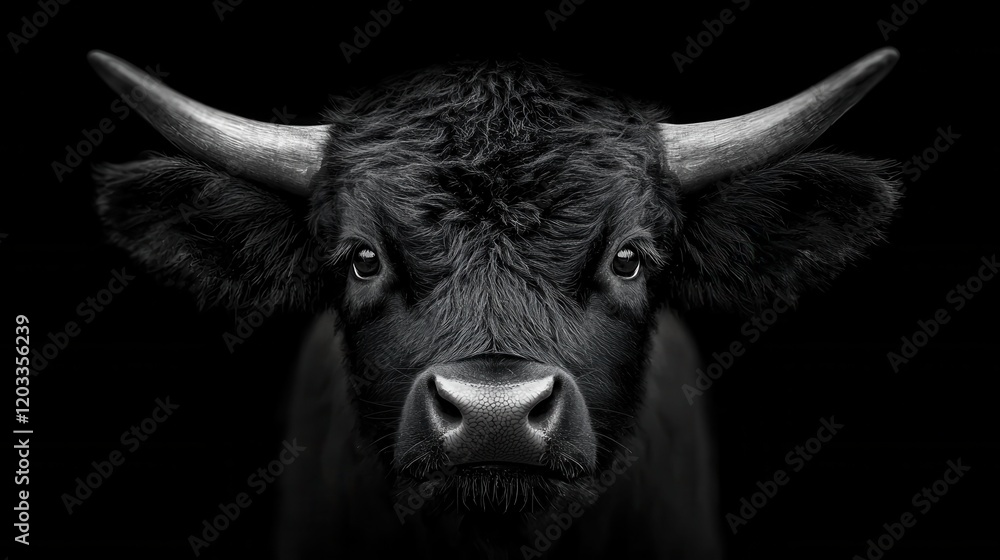Naklejka premium A black and white photo of a cow with long horns