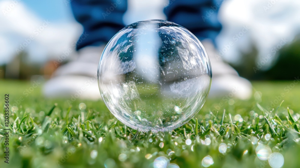 A person standing on top of a lush green field holding a glass ball A person standing on top of a lush green field holding a glass ball