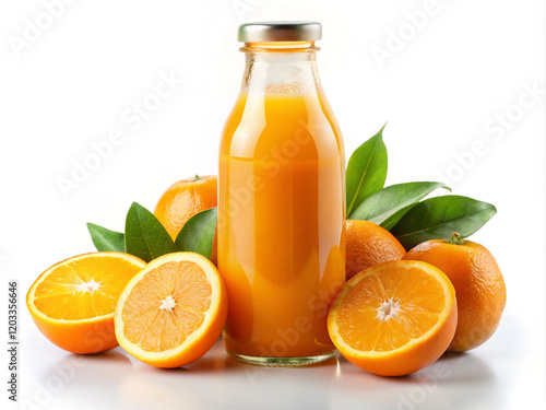 Wallpaper Mural Freshly squeezed orange juice in a glass bottle and fresh orange fruits on a white background Torontodigital.ca