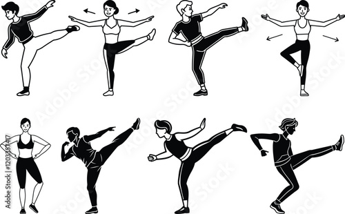 Walking High Kicks set vector illustration, Walking High Kicks silhouette vector art, Walking High Kicks line art vector