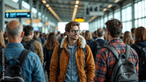 Crowds of travelers moving through an airport terminal during sunset with warm light illuminating the space