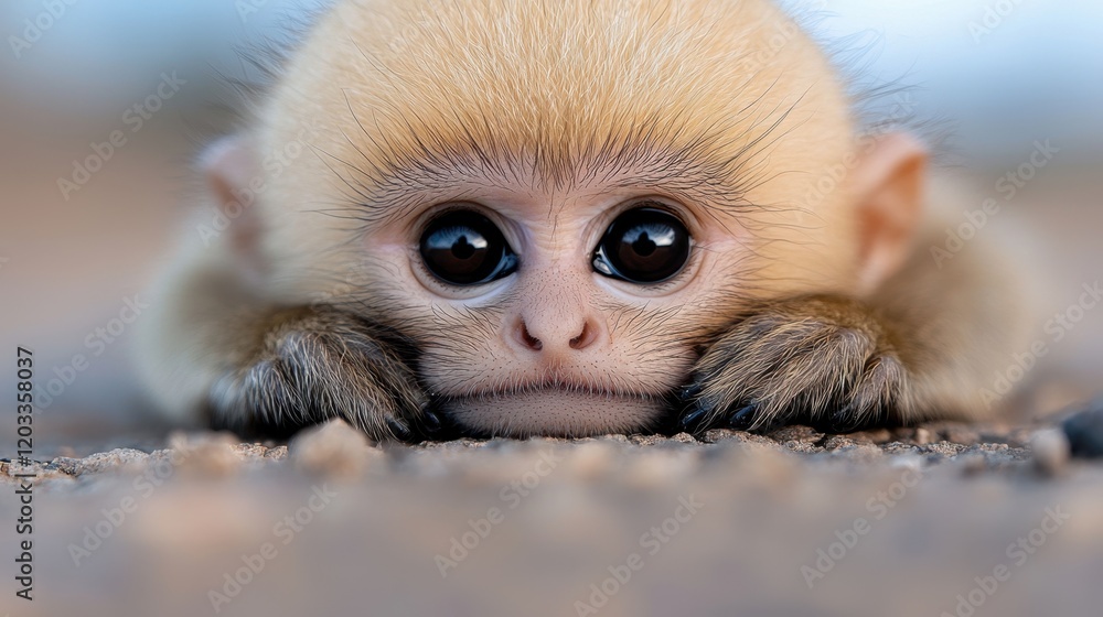 A small monkey laying on the ground looking at the camera A small monkey laying on the ground looking at the camera