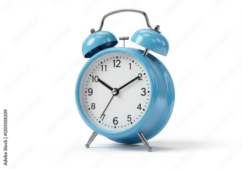 A classic blue alarm clock with twin bells and metal legs isolated on white background A classic blue alarm clock with twin bells and metal legs isolated on white background