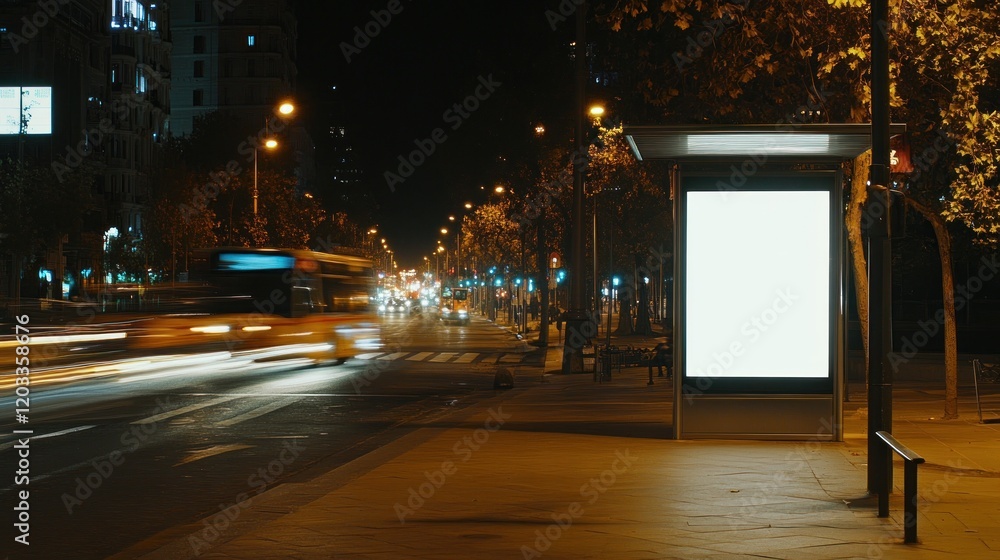 Blank Billboard on City Street at Night