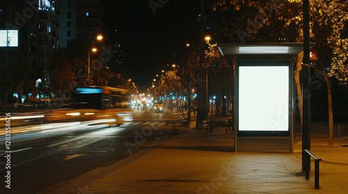 Blank Billboard on City Street at Night