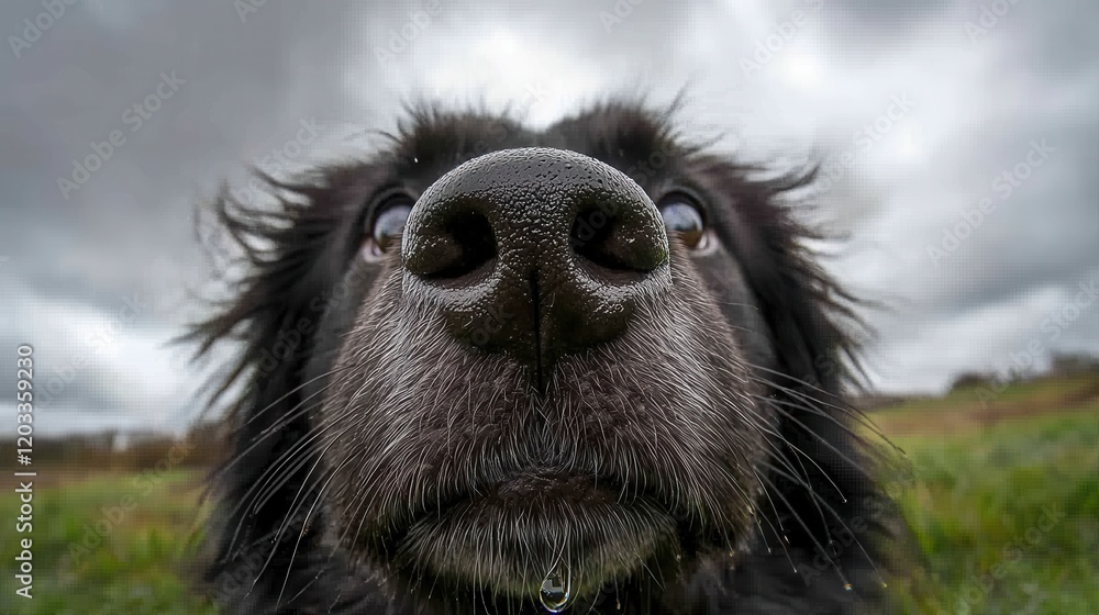 Naklejka premium A close up of a dog's nose in a field