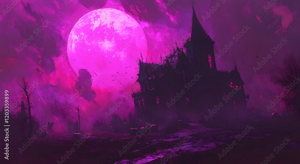 Obraz premium Haunted House Under a Purple Full Moon with Pumpkins and Spooky Atmosphere
