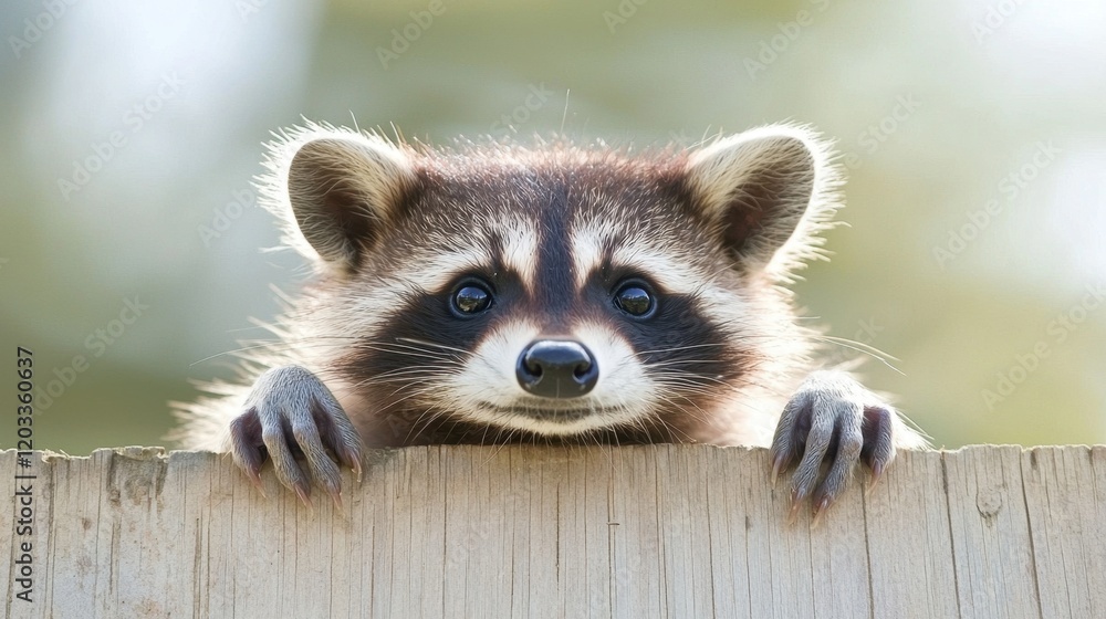 Obraz premium A raccoon peeking over a wooden fence