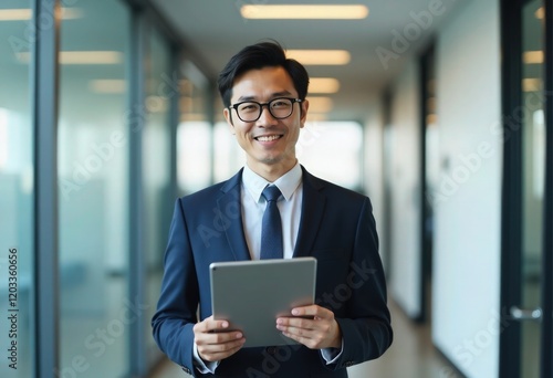 Young Japanese businessman holding a tablet computer in an office hallway with blurred background