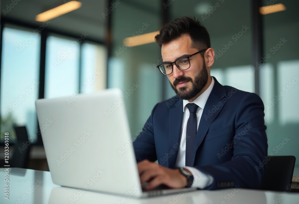 Middle Eastern or European businessman using a laptop in an office
