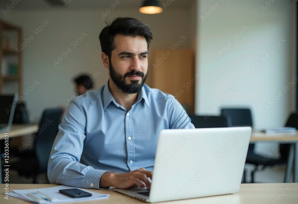 Obraz premium Middle Eastern or European businessman using a laptop in an office