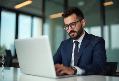 Obraz na płótnie Middle Eastern or European businessman using a laptop in an office w salonie