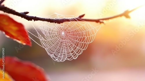 A spider web on a tree branch covered in dew