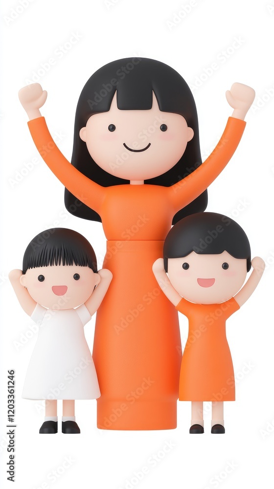 Happy Family Figurines Celebrating Together with Raised Arms in Colorful Outfits on White Background Happy Family Figurines Celebrating Together with Raised Arms in Colorful Outfits on White Background