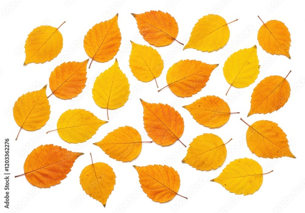 Fototapeta premium A scattered group of orange and yellow autumn leaves with visible veins isolated on white background