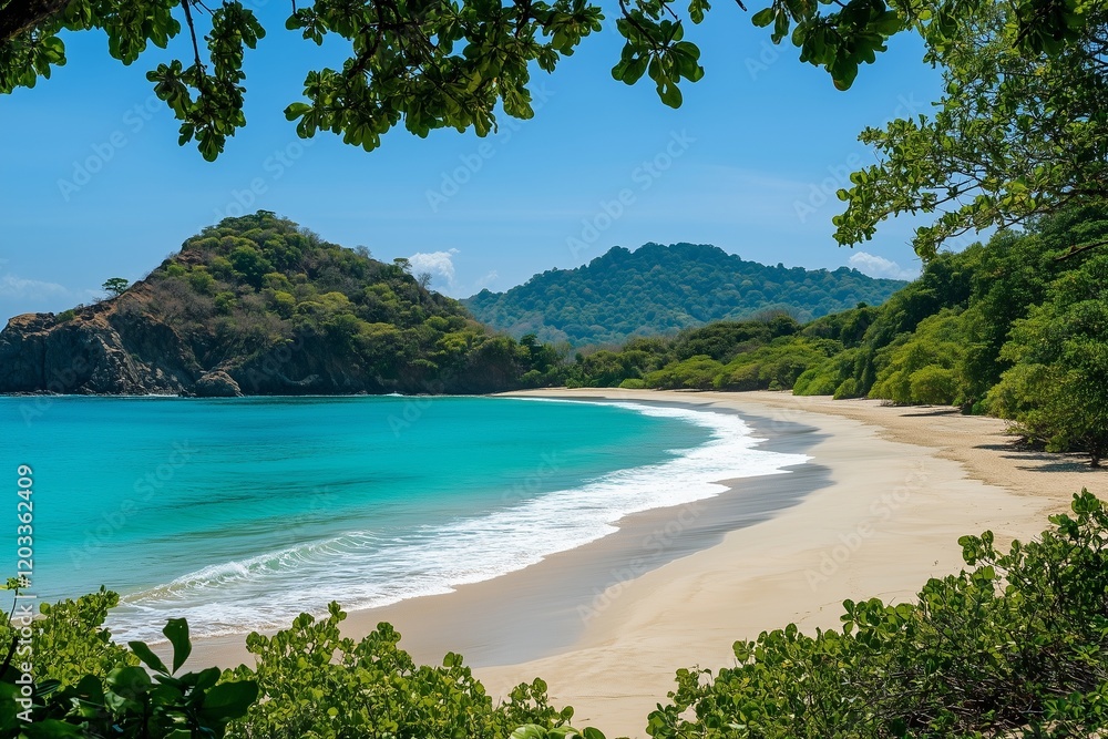 A secluded beach with turquoise waves and untouched white sand, embodying calm and beauty. A secluded beach with turquoise waves and untouched white sand, embodying calm and beauty.