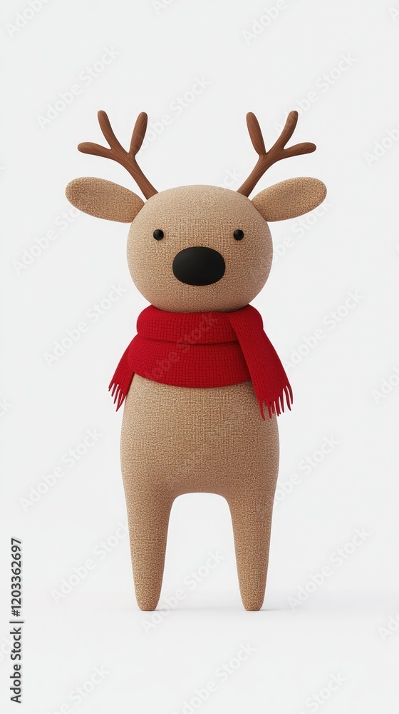 Cute Plush Reindeer Toy with Red Scarf on White Background for Holiday and Winter Season Decorations Cute Plush Reindeer Toy with Red Scarf on White Background for Holiday and Winter Season Decorations