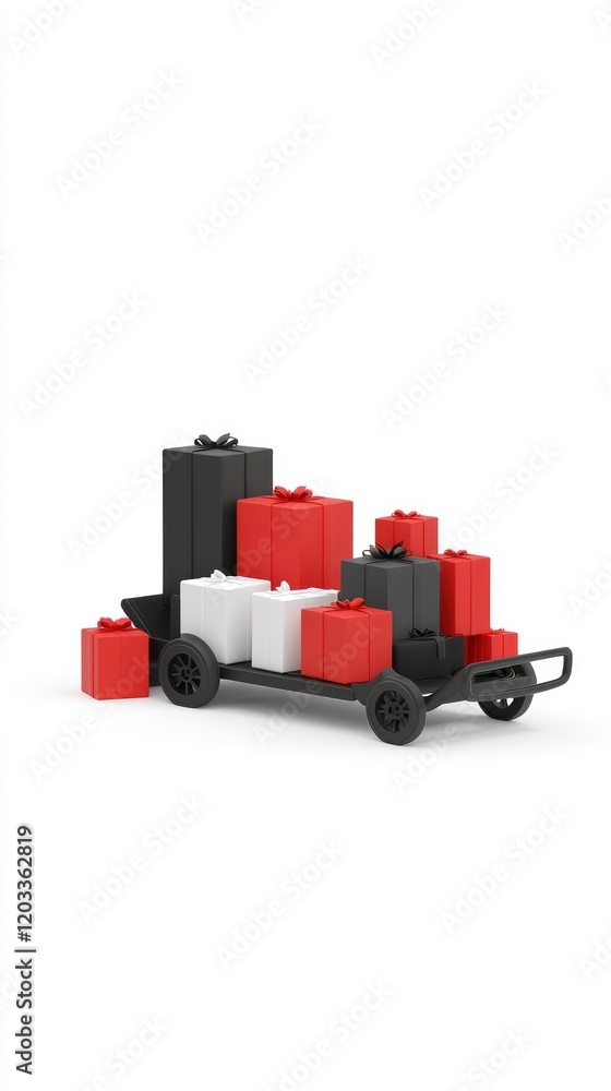 Colorful Gift Boxes on a Black Cart Against White Background - Festive Holiday and Celebration Concept Colorful Gift Boxes on a Black Cart Against White Background - Festive Holiday and Celebration Concept