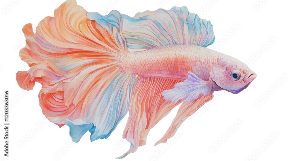 Obraz premium Colorful Siamese Fighting Fish Swimming in Clear Water with Orange, Red, and Gold Fins Isolated on White Background