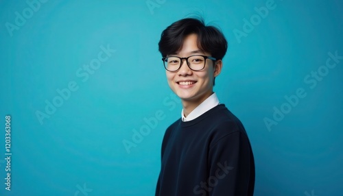 A young Japanese man wearing eyeglasses and a black sweater is on blue studio background