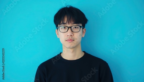 A young Japanese man wearing eyeglasses and a black sweater is on blue studio background