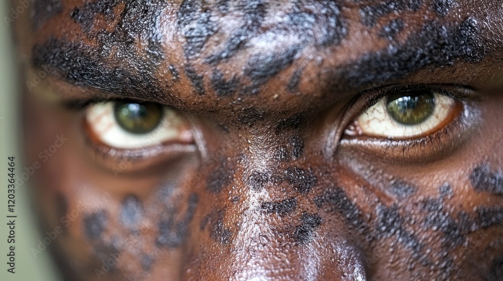 A close up of a man's face with black paint on his face A close up of a man's face with black paint on his face