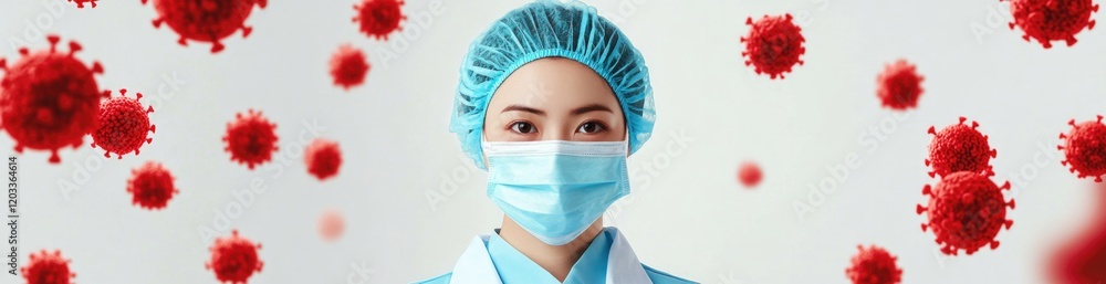 A health professional wearing a mask stands in a clean environment, illustrating the importance of safety measures. The background features representations of viruses, underlining health concerns. A health professional wearing a mask stands in a clean environment, illustrating the importance of safety measures. The background features representations of viruses, underlining health concerns.