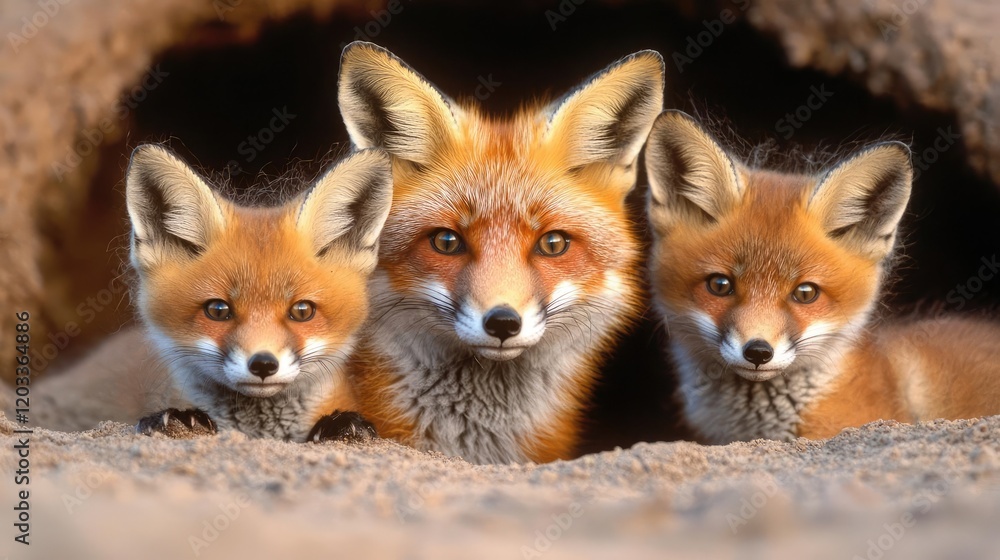 Obraz premium Red fox family at den entrance, wildlife, nature