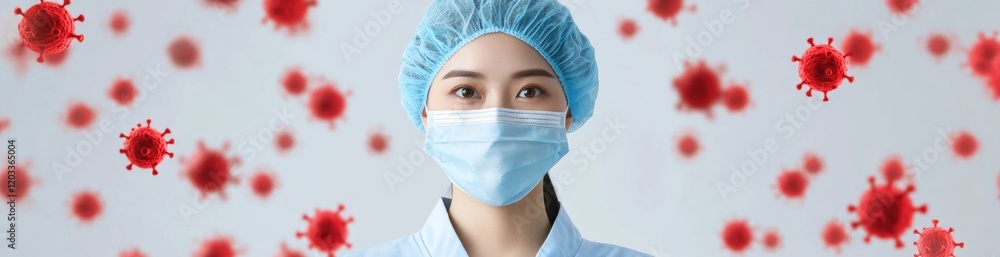 A health professional wearing a mask stands in a clean environment, illustrating the importance of safety measures. The background features representations of viruses, underlining health concerns. A health professional wearing a mask stands in a clean environment, illustrating the importance of safety measures. The background features representations of viruses, underlining health concerns.