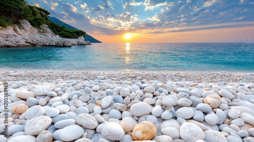 Wallpaper Mural A rocky beach with white pebbles on the shore of the ocean at sunset Torontodigital.ca
